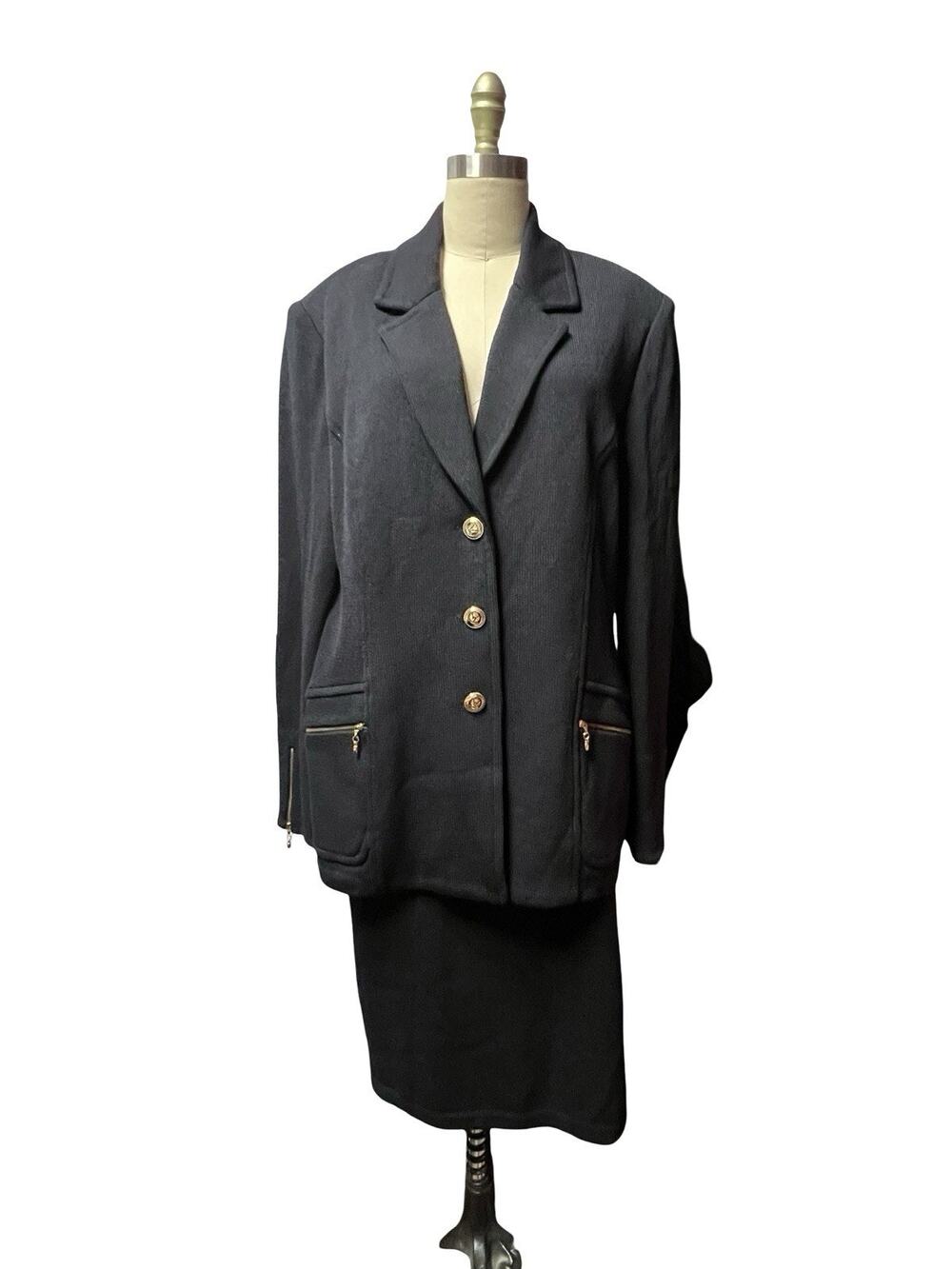 St John Collection 2Pc Jacket Skirt Suit sz 16 Navy Blue Santana Knit Wool Rayon